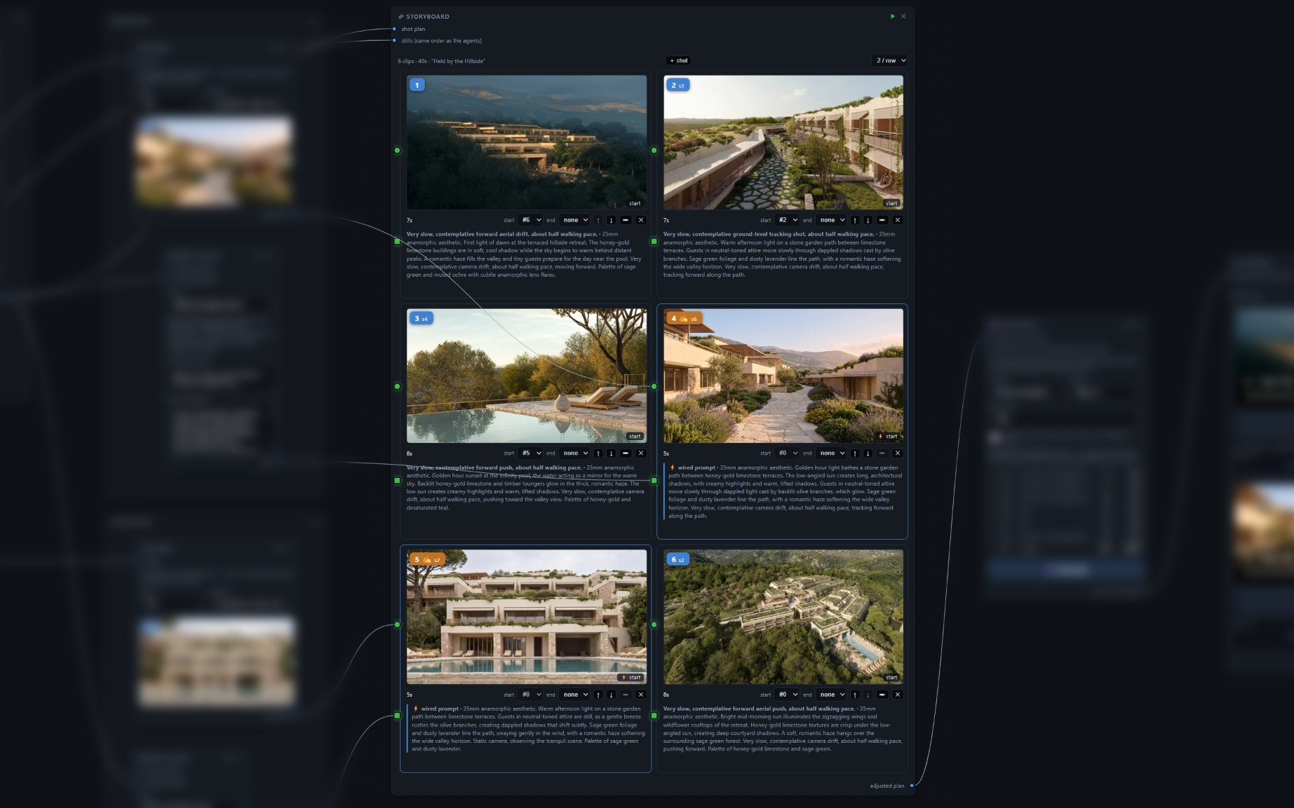 The Storyboard edit bay: shot cards with start and end frames and editable per-shot prompts