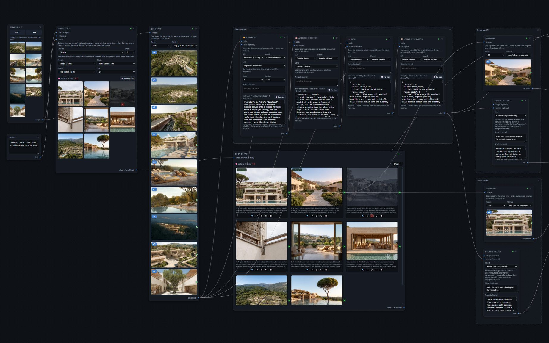 The Brut node canvas: a graph of prompt, image and video nodes with labeled ports, wires and inline result previews