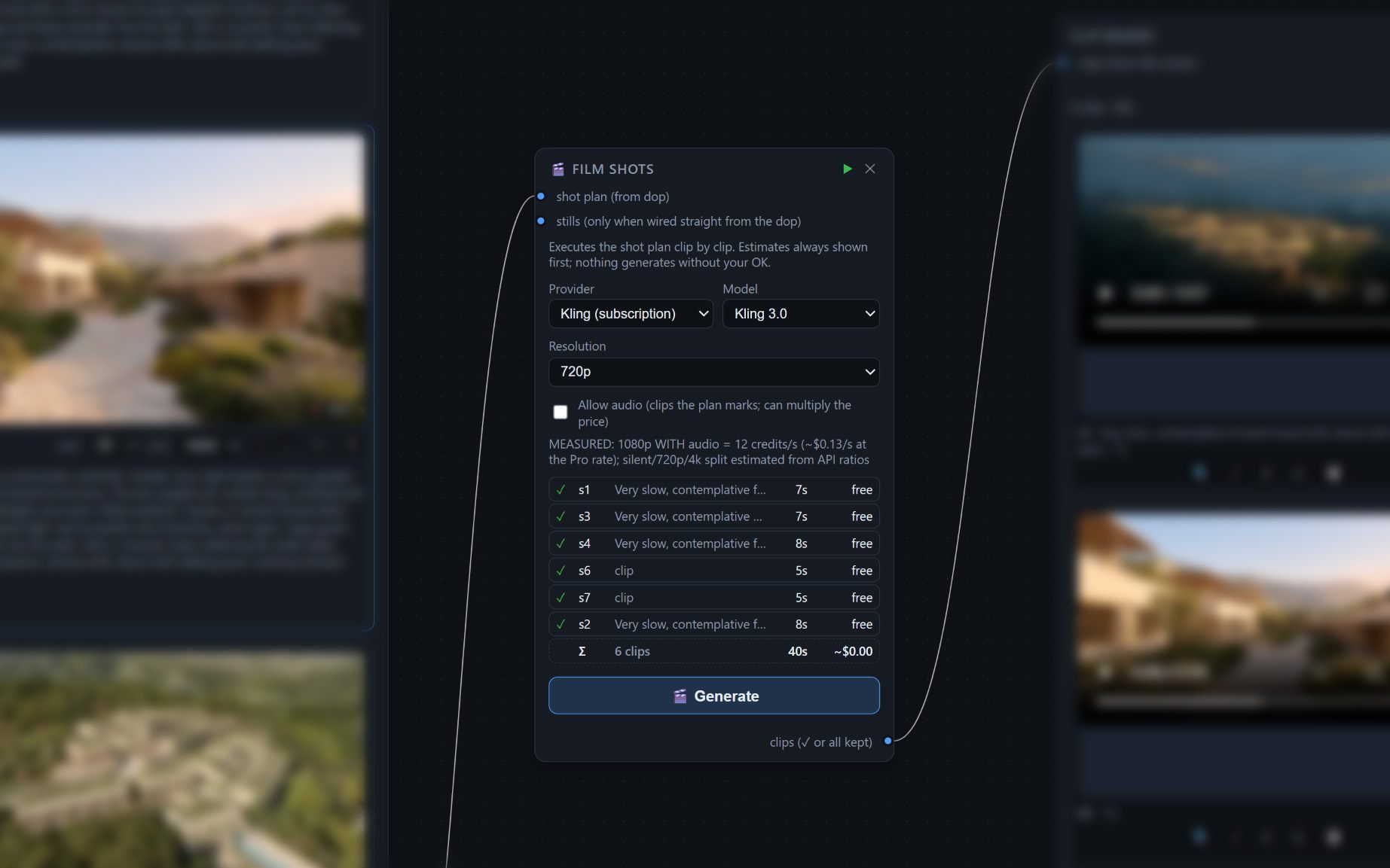 Film Shots node: an itemized per-clip cost quote with model, duration and estimated price, awaiting confirmation