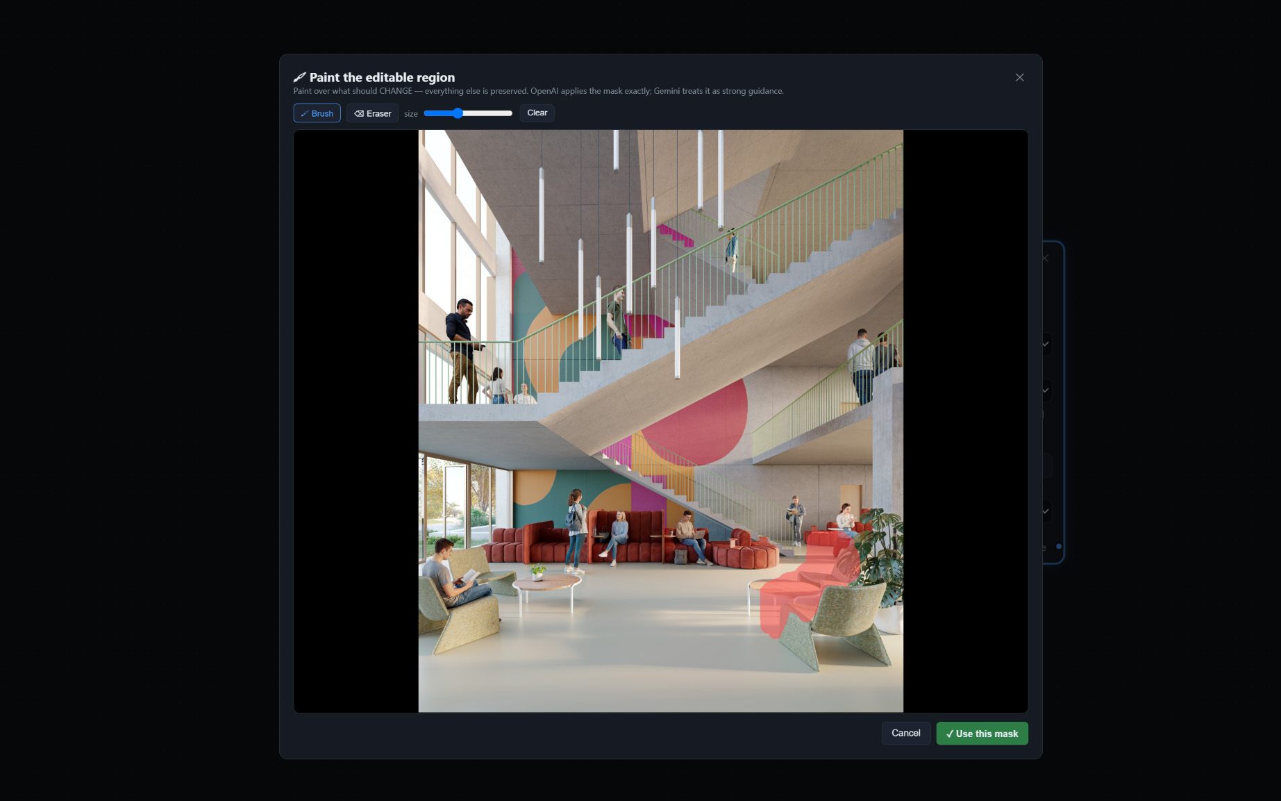 The mask editor: a red inpainting mask painted over a region of an architectural render