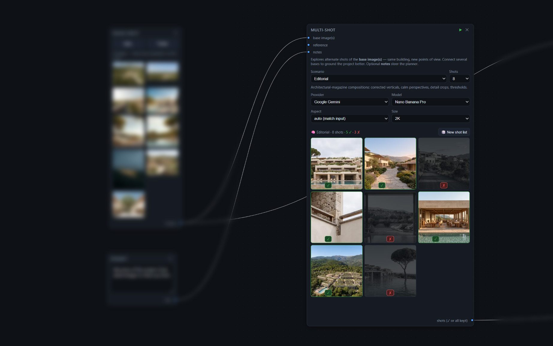 Multi-Shot node: a contact sheet of generated viewpoints with per-tile checkmark and cross curation marks