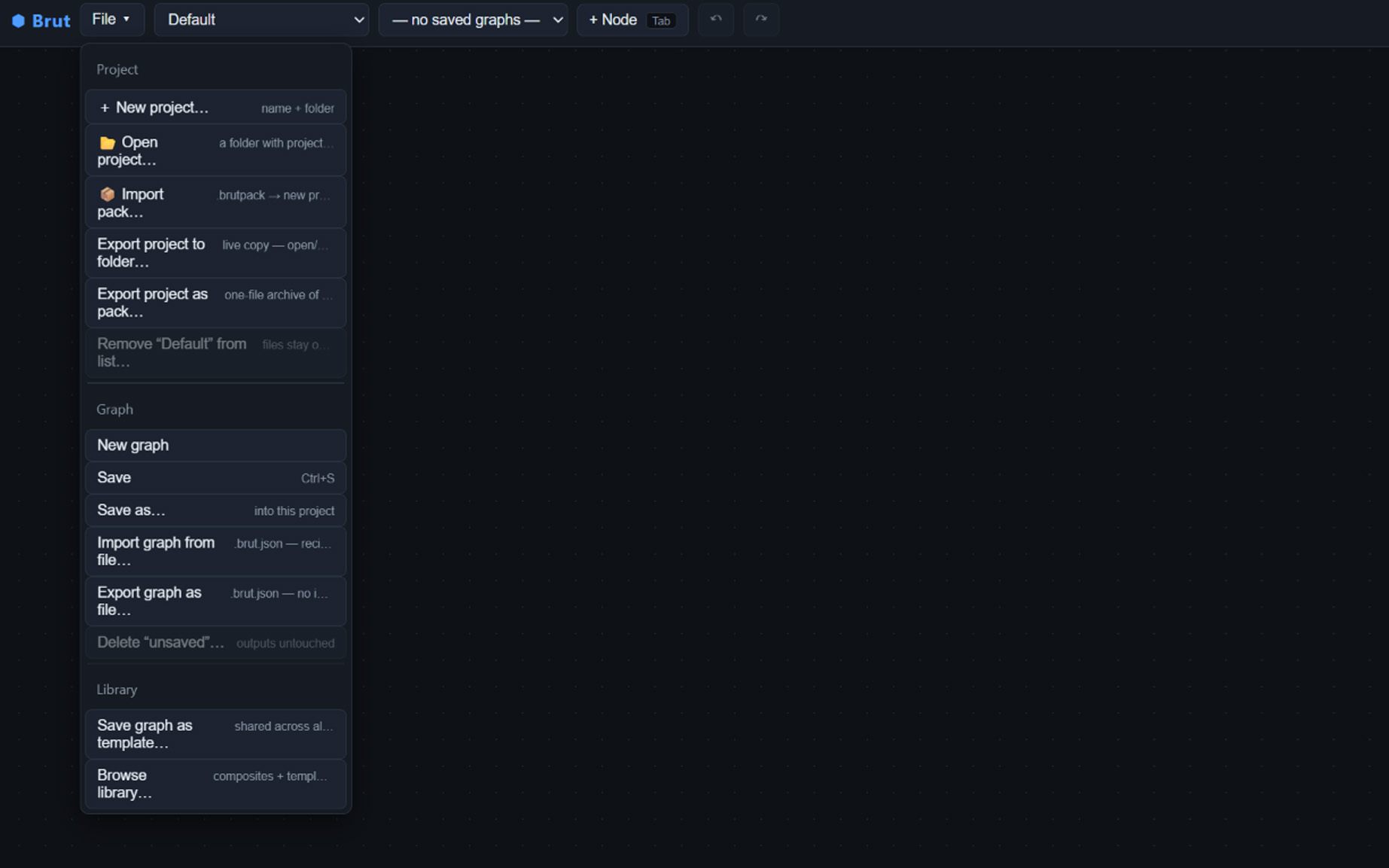 The File menu and project switcher: project and graph actions with a .brutpack export