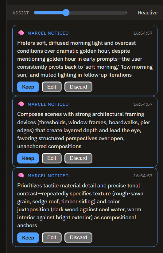 Inference cards: Keep, Discard or Edit what Marcel thinks he learned