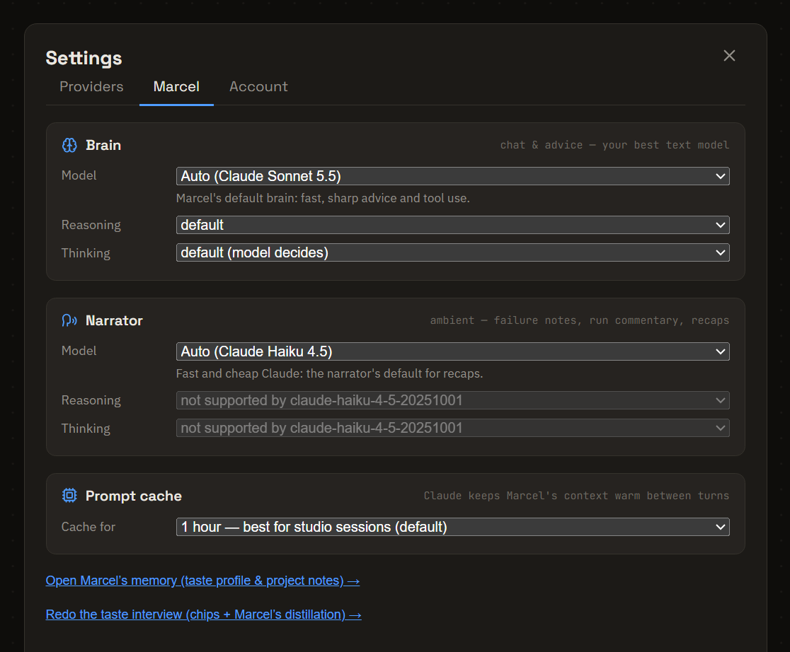 Settings, Marcel tab: brain, narrator and prompt cache, each with its model and dials