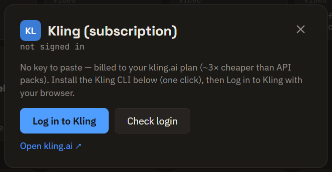The Kling (subscription) card: Install the CLI, Log in to Kling, and your plan balance once signed in