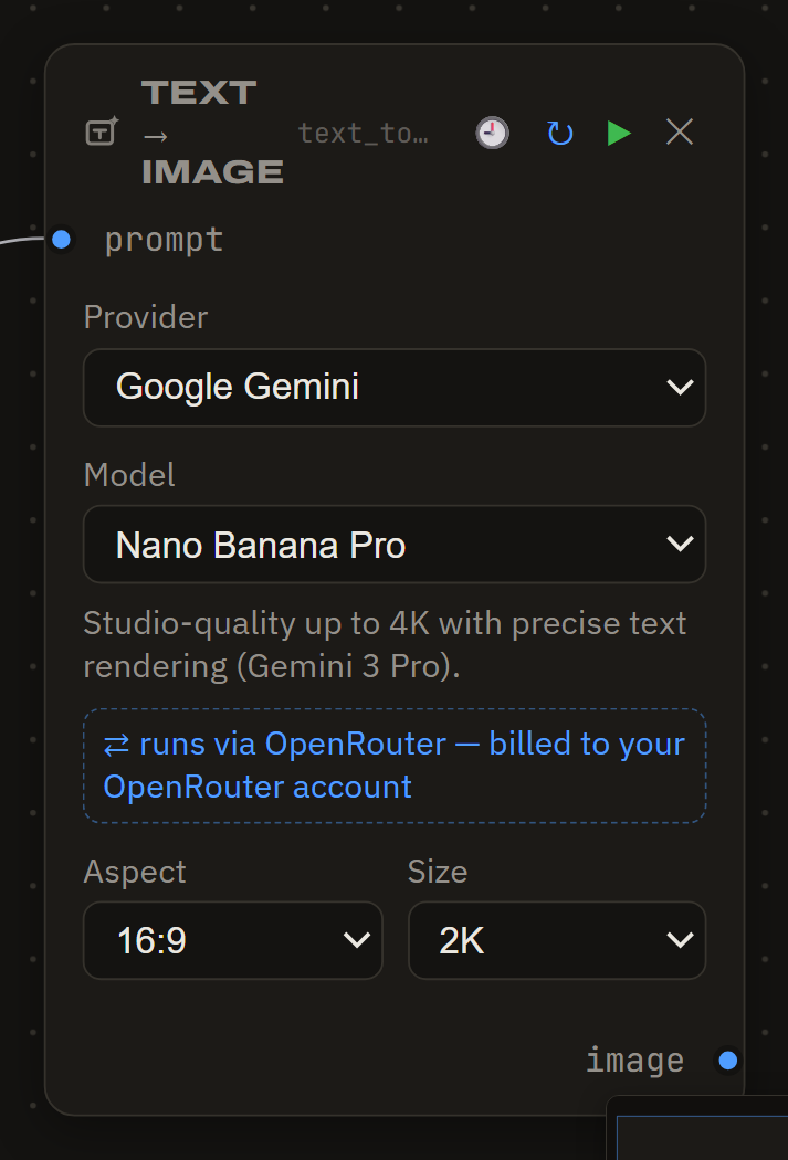 A routed node says so on its face: runs via OpenRouter, on your OpenRouter account
